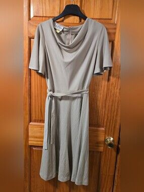 Vintage Julie Miller Elegant Dove Gray Cowl Neck Belted Dress